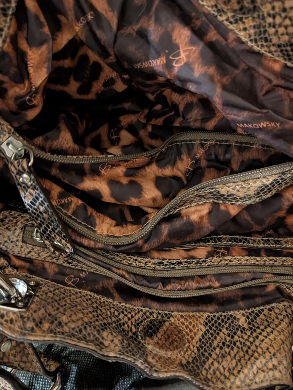 B. Makowsky Brown Snakeskin Embossed Leather Satchel Handbag